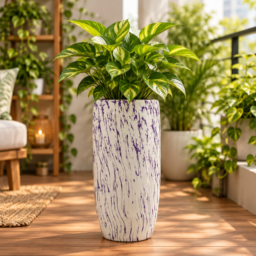 Elevated White with Blue Textured Ceramic Pot