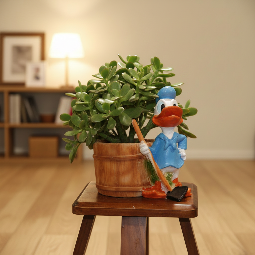 A decorative ceramic figurine of Donald Duck in a blue sailor outfit holding a hoe, standing beside a brown wooden bucket on a small wooden stool.
