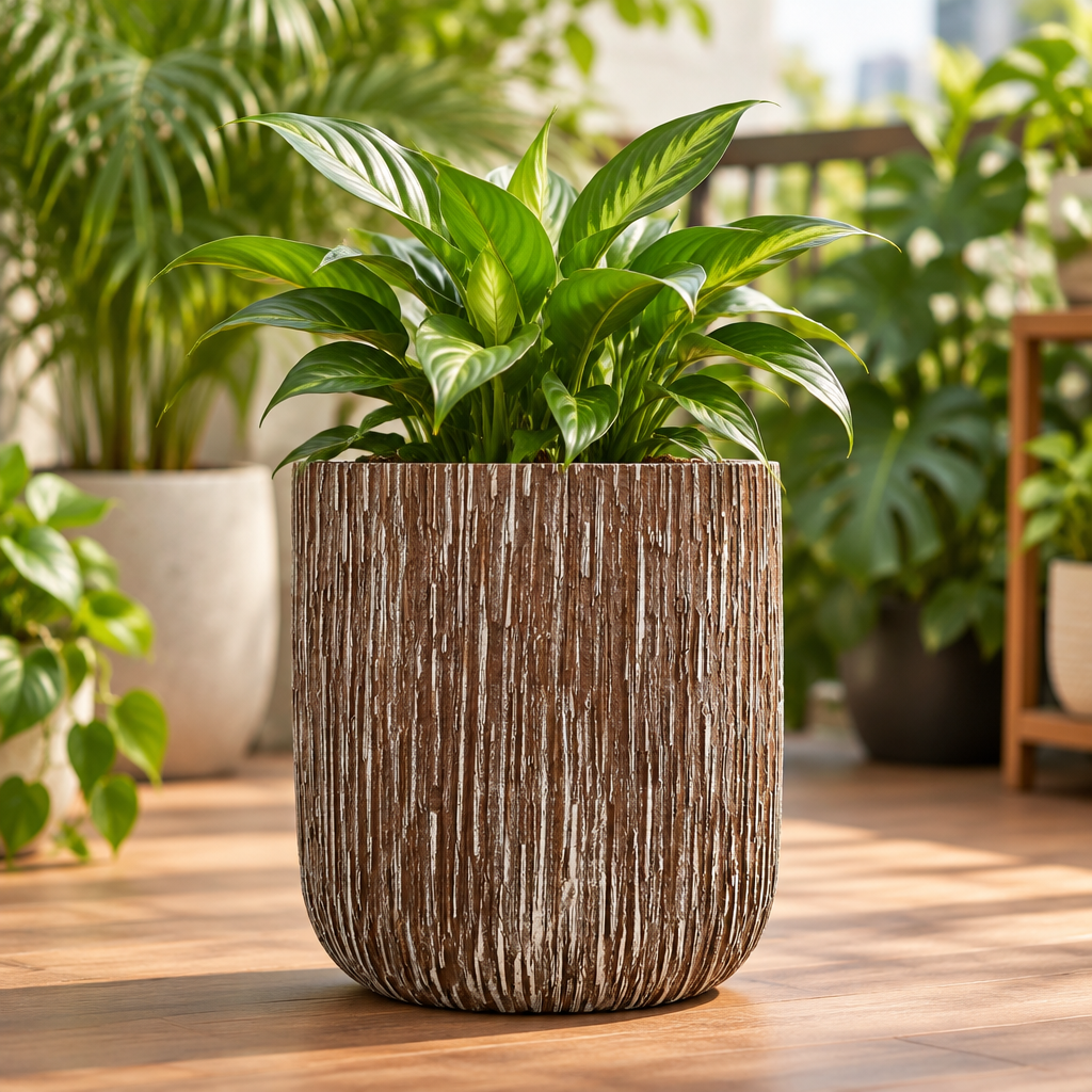 Bark-Textured Cylinder Planter - Brown