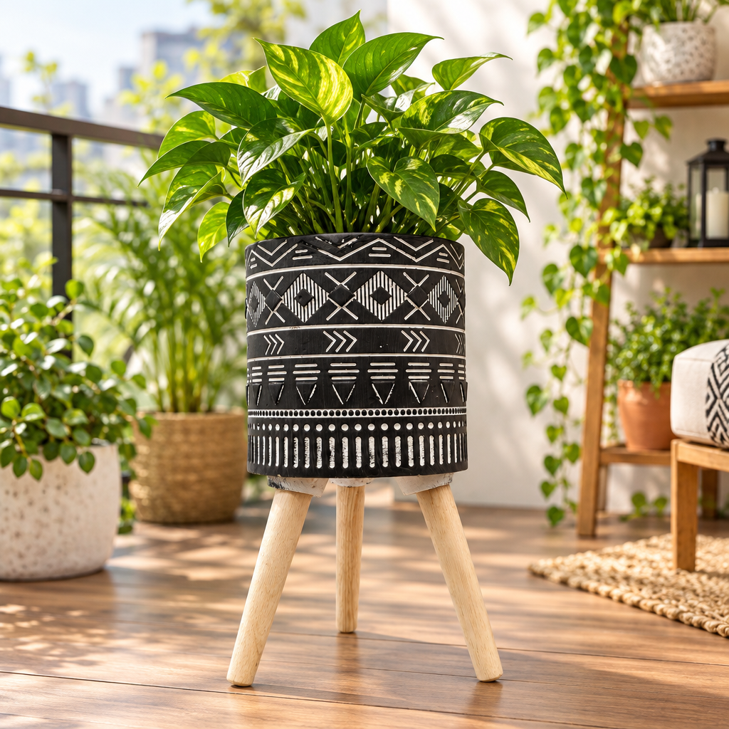 Tribal Geometric Pattern Planter with Wooden Stand