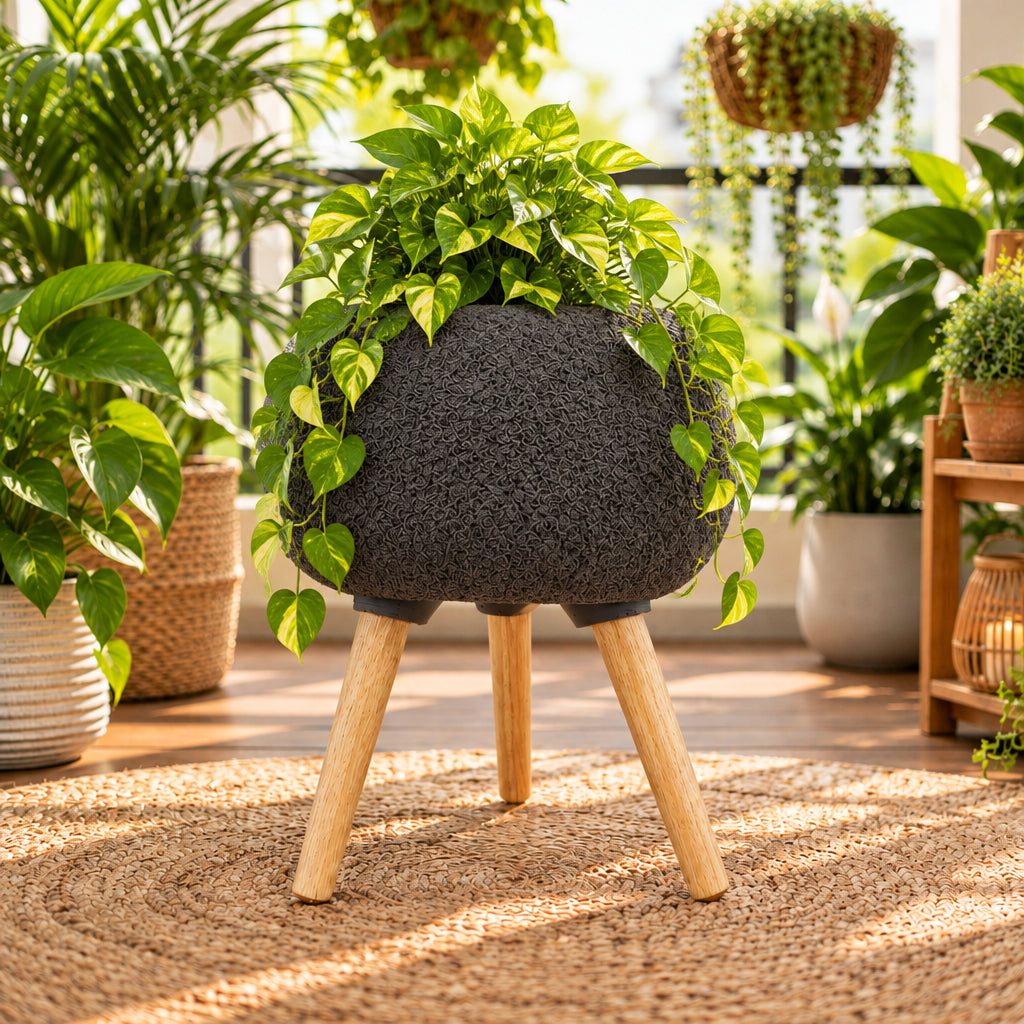Textured Pebble Planter with Wood Stand