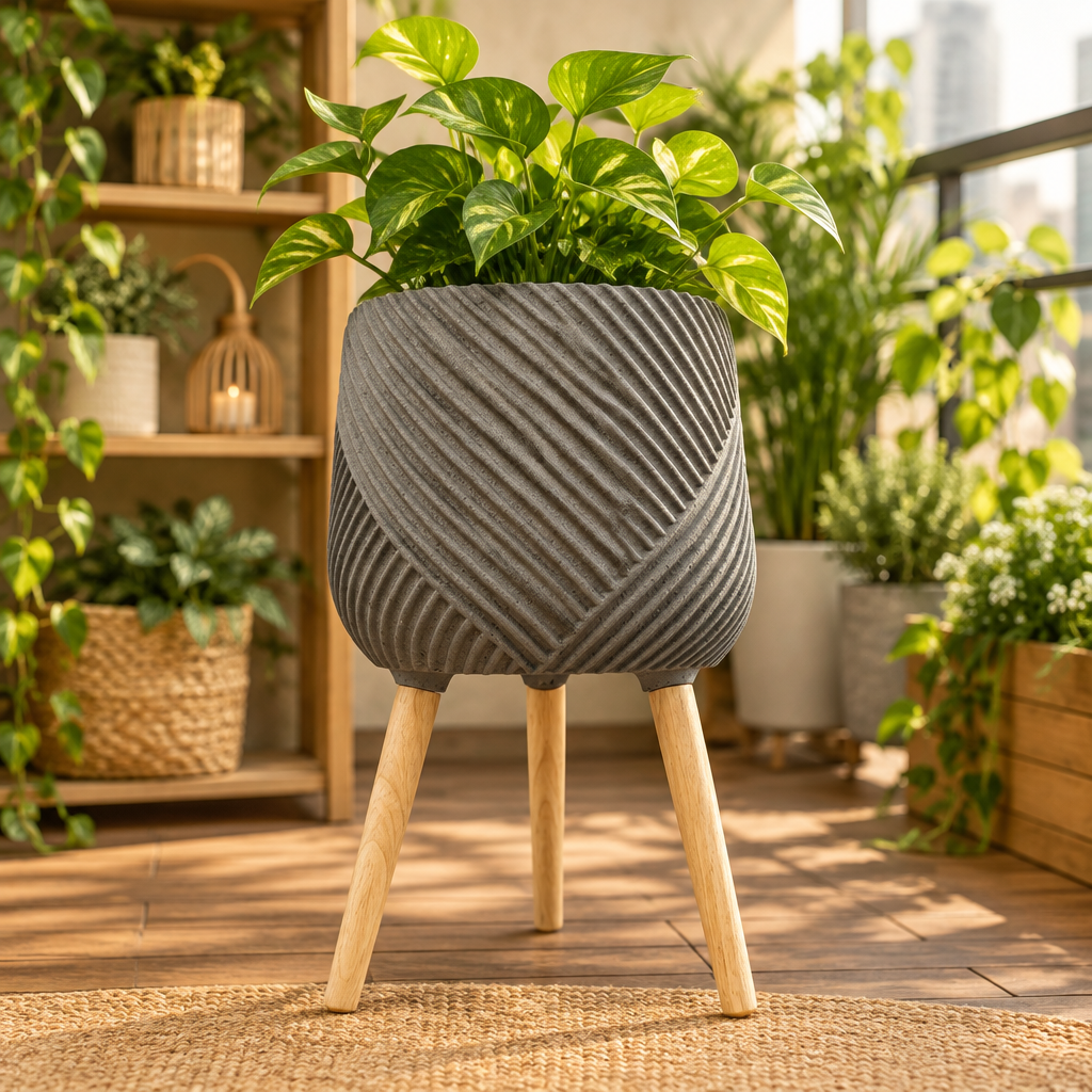 Ribbed Chevron Planter with Wood Stand