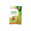 A bag of MultiPlex Allbor + Micronutrient Fertilizer is displayed on a wooden surface with an assortment of fresh fruits and vegetables, set against a blurred background of a field under a blue sky.