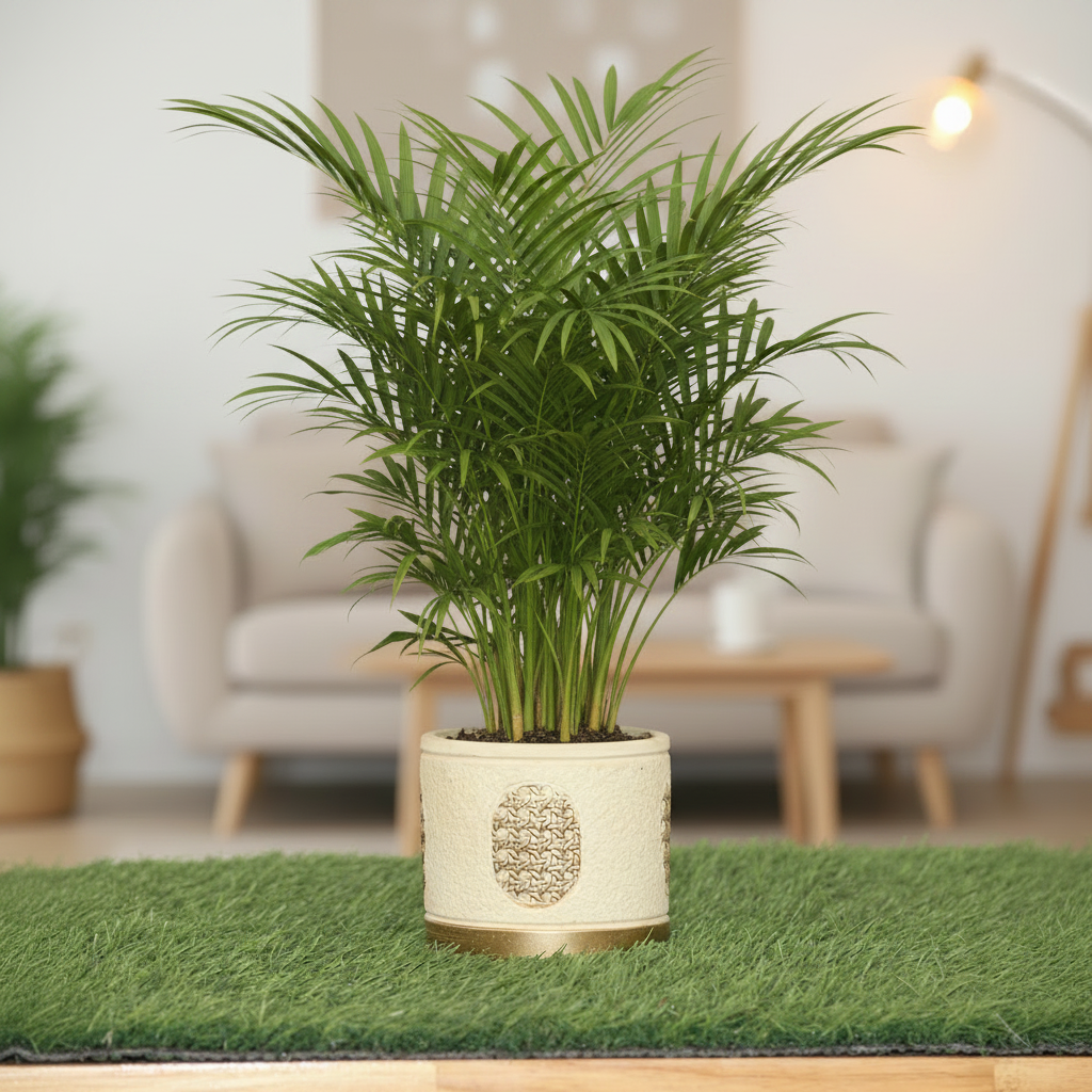 A cylindrical beige ceramic plant pot with a textured pattern and a gold-toned base, displayed on a strip of artificial green grass against a plain light background.