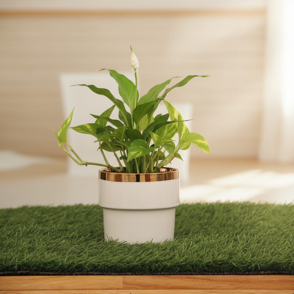 A white cylindrical planter pot with a shiny gold metallic rim, displayed on a strip of green artificial grass over a wooden surface against a plain beige wall.