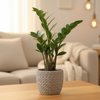 A light gray textured planter pot with a chevron pattern, sitting on a strip of green artificial grass above a light wood surface against a plain white wall.