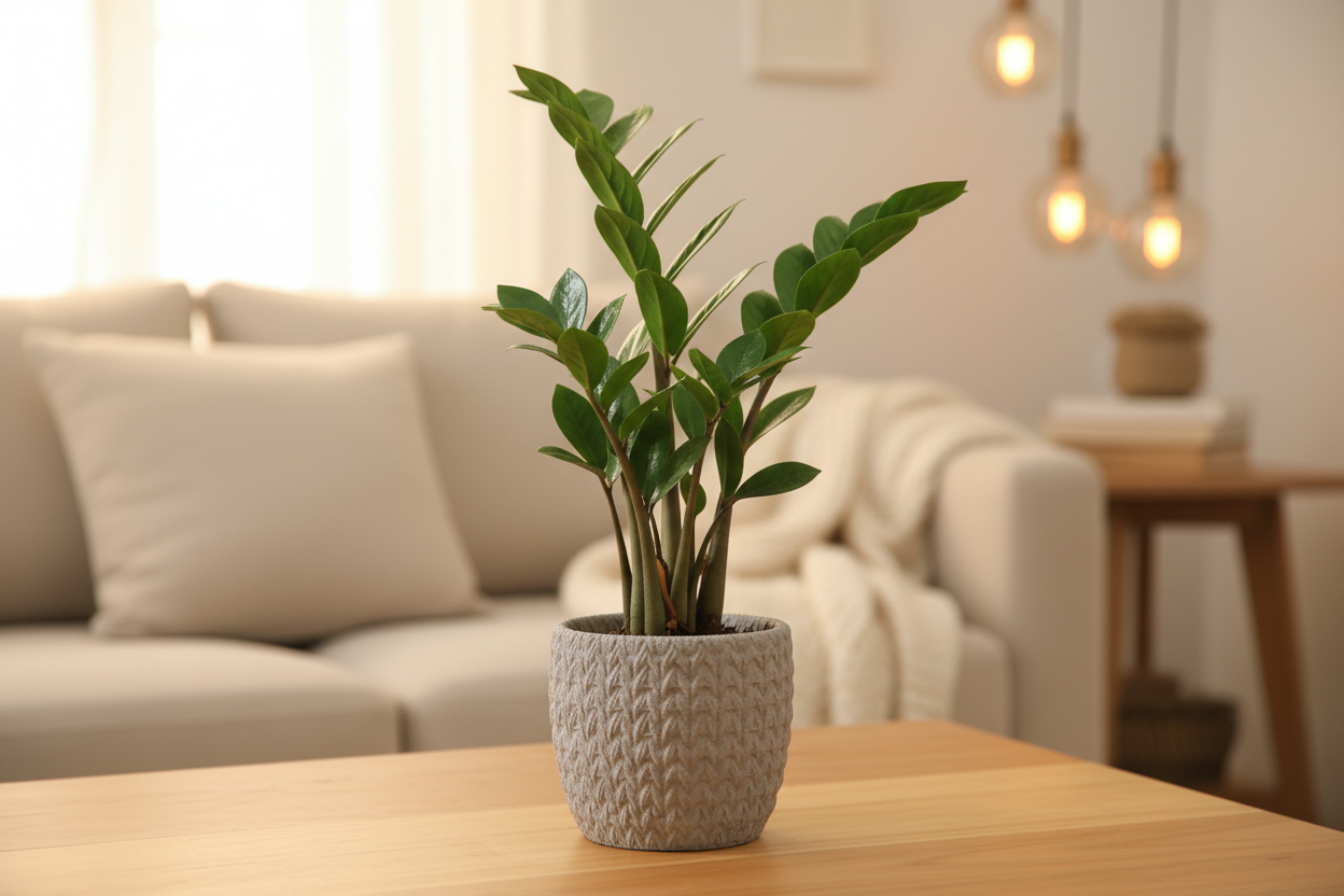 A light gray textured planter pot with a chevron pattern, sitting on a strip of green artificial grass above a light wood surface against a plain white wall.