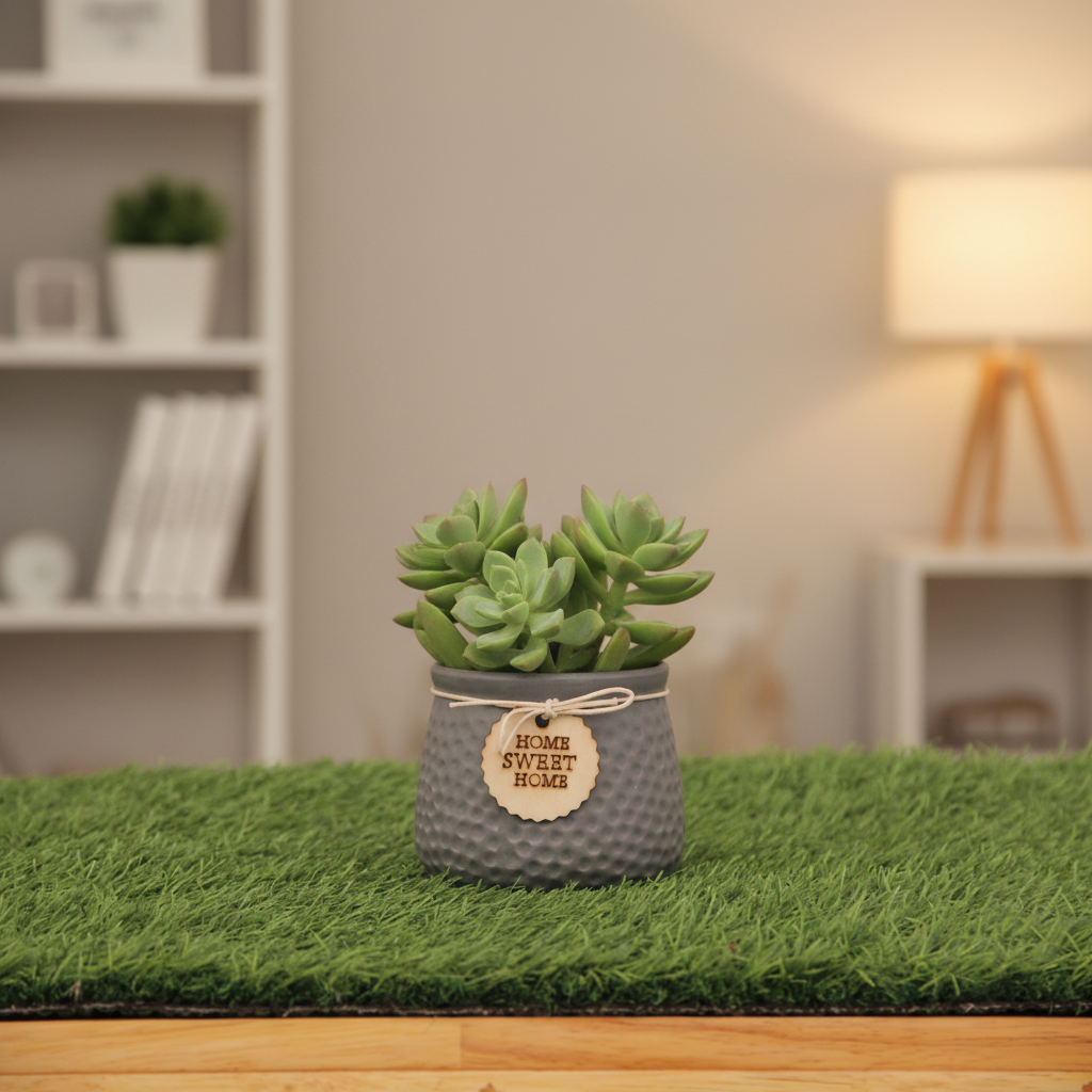 A small gray textured plant pot with a hanging wooden tag that reads 'HOME GROWN HOME' tied with string, placed on artificial green grass against a plain light background.