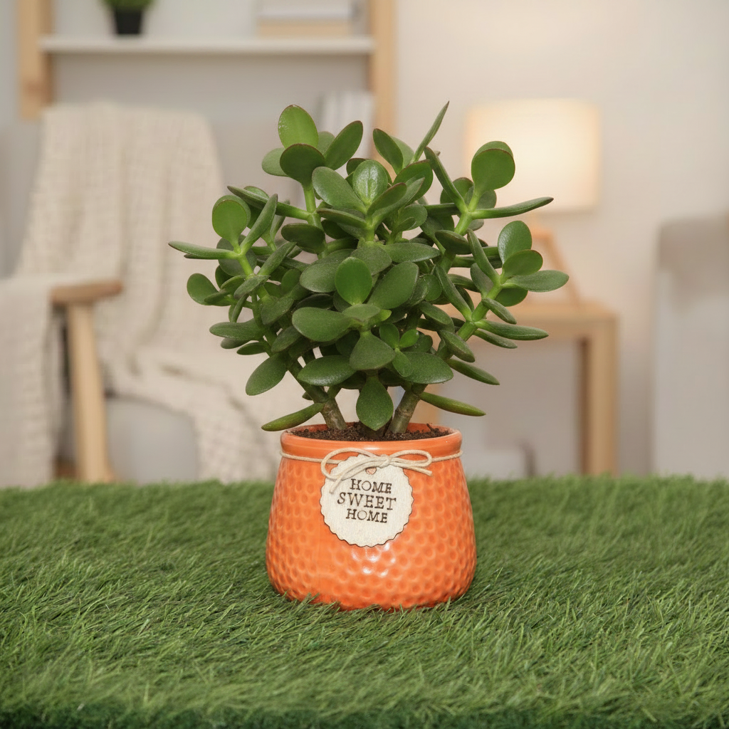 Orange textured ceramic plant pot with a 'Home Sweet Home' tag on a green surface