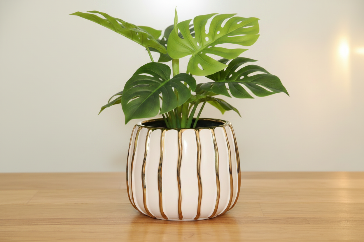 Ceramic pot with gold stripes on a green mat