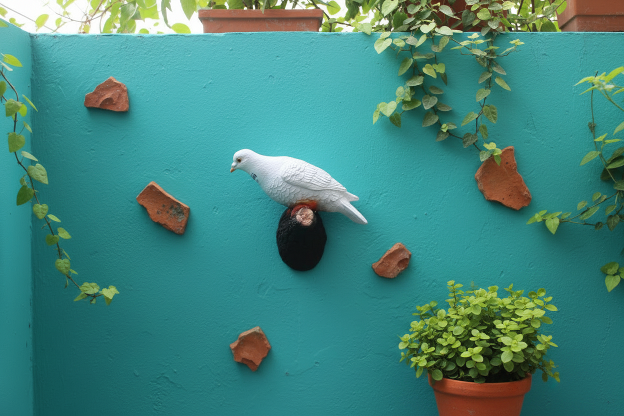 A white dove figurine with a small orange beak and a dark textured base, photographed against a plain light background.