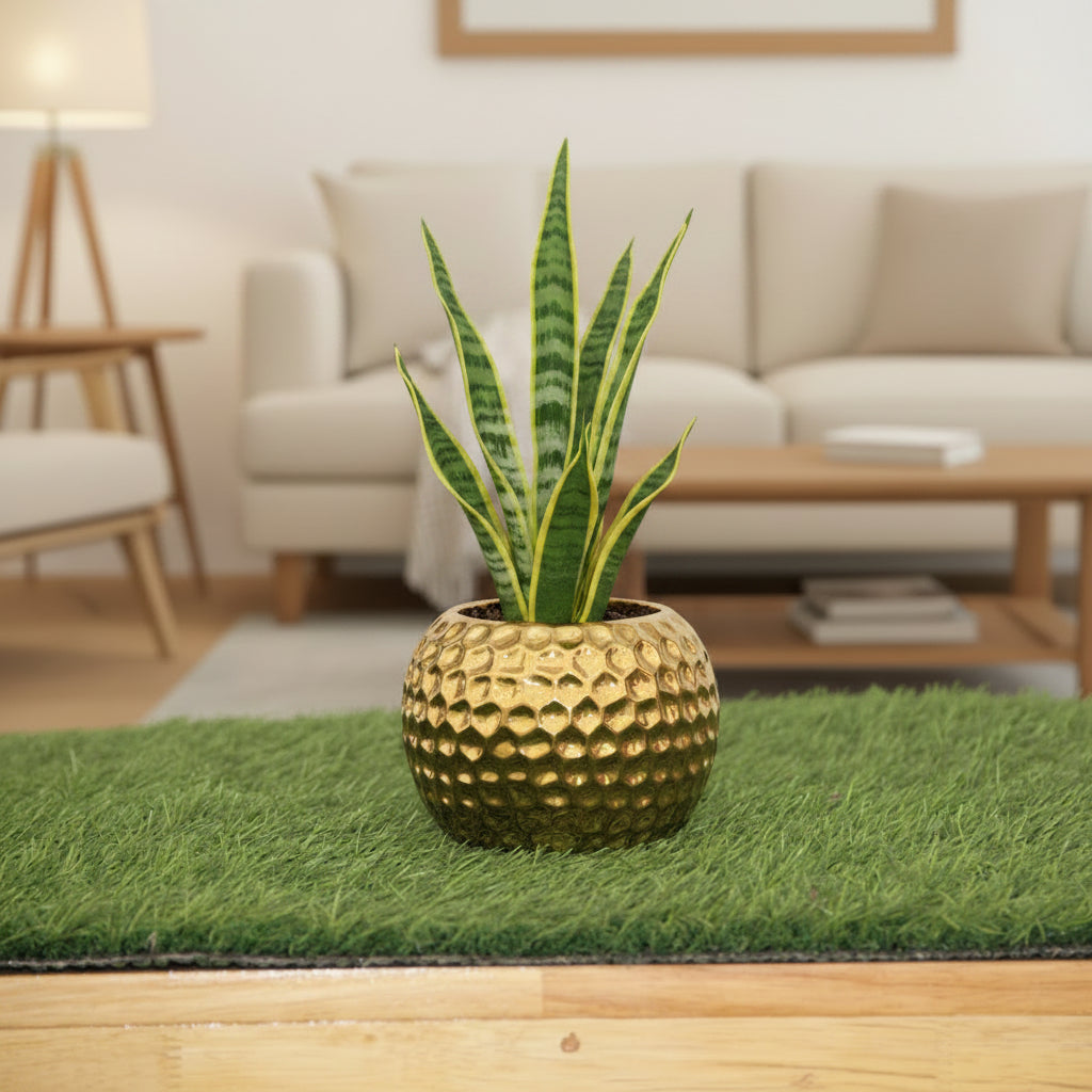 A small round metallic gold container plant pot with a textured, dimpled surface sits on a strip of green artificial grass, with a light wood surface below and a plain light background above.