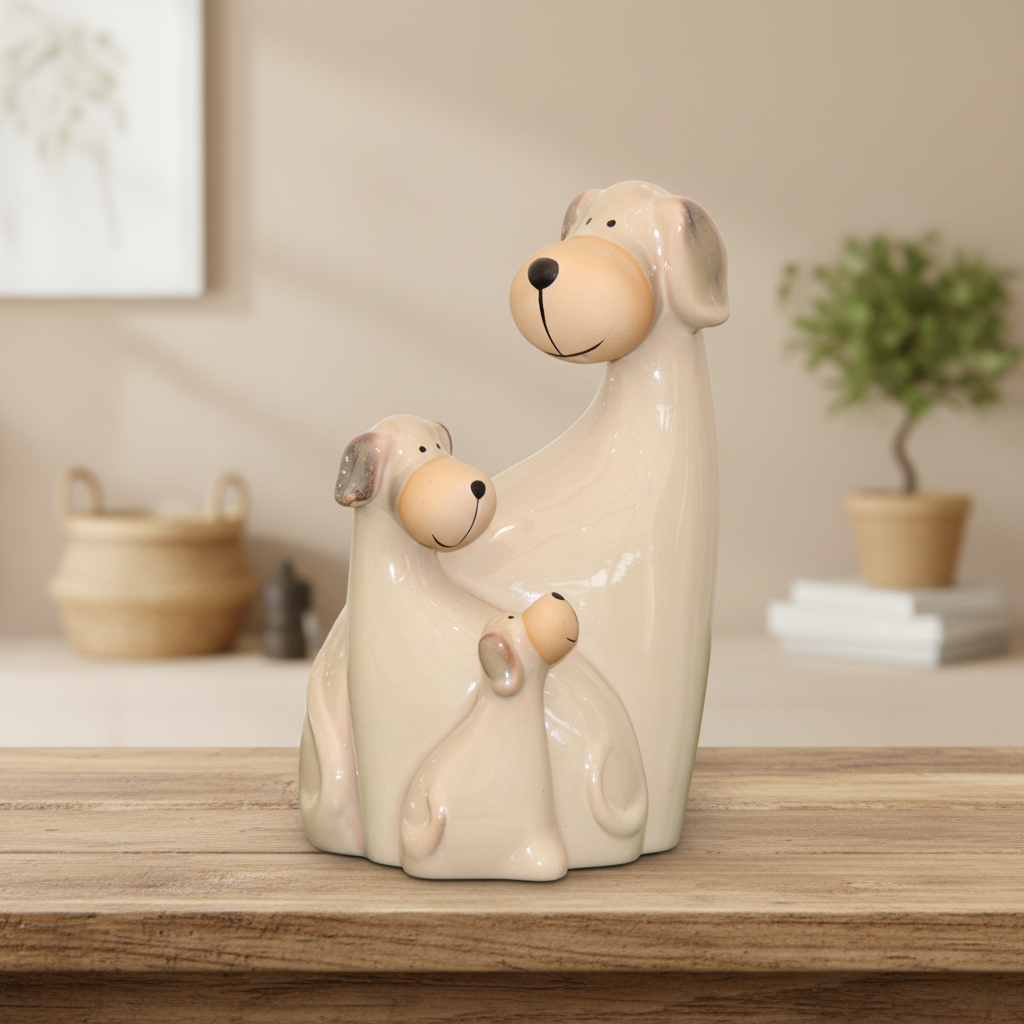 A beige ceramic figurine of a mother dog and her puppy sitting together on a strip of artificial green grass, set against a plain white wall.