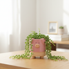 A small pink pig-shaped container or toy stands centered on artificial green grass against a plain light background.