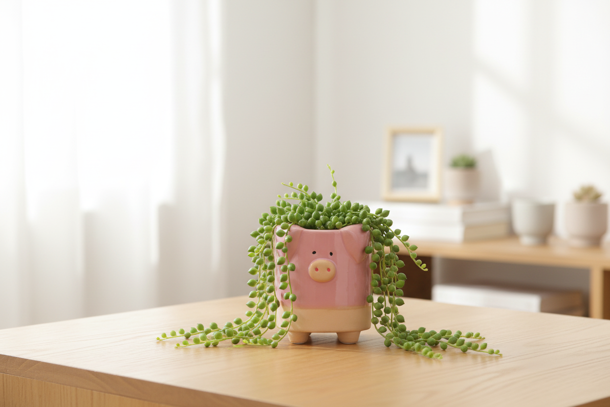 A small pink pig-shaped container or toy stands centered on artificial green grass against a plain light background.