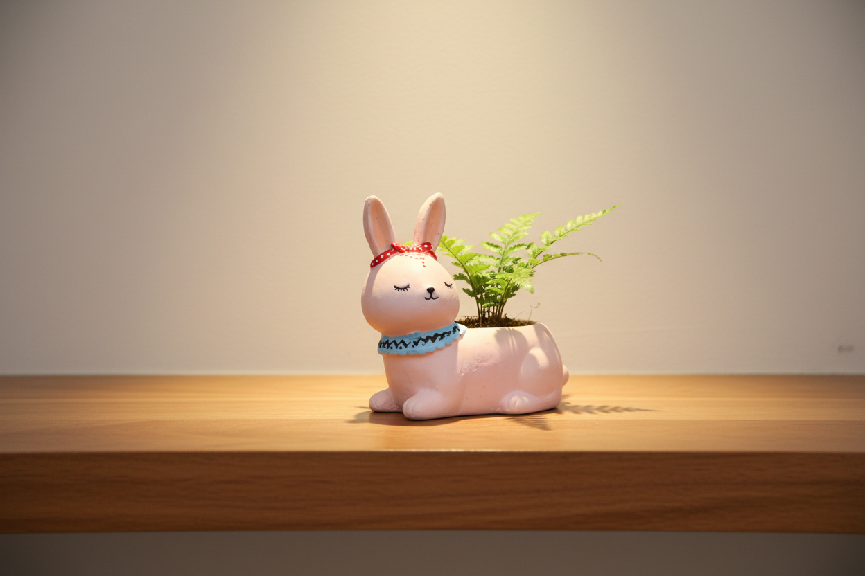 A small pink bunny figurine with a blue patterned collar sits on a strip of artificial green grass, placed on a wooden surface against a plain light gray wall.