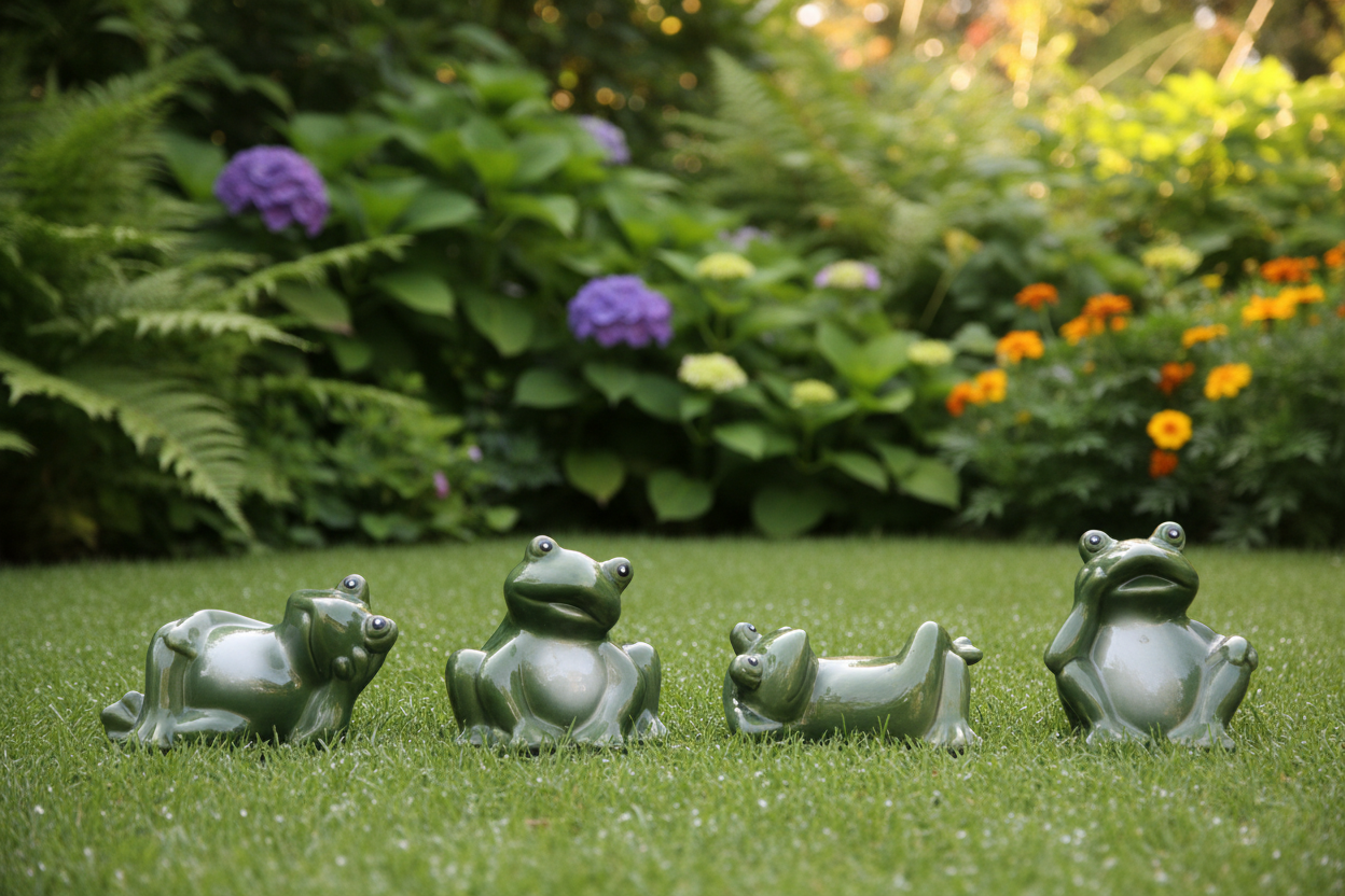 Four green frog figurines in different poses arranged on a strip of artificial grass against a plain light background.