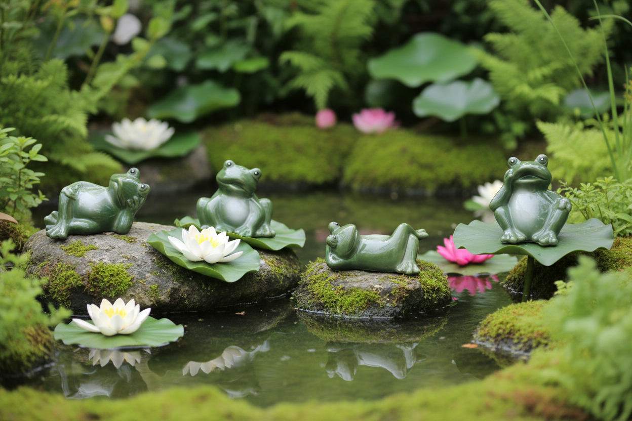Four green frog figurines in different poses arranged on a strip of artificial grass against a plain light background.