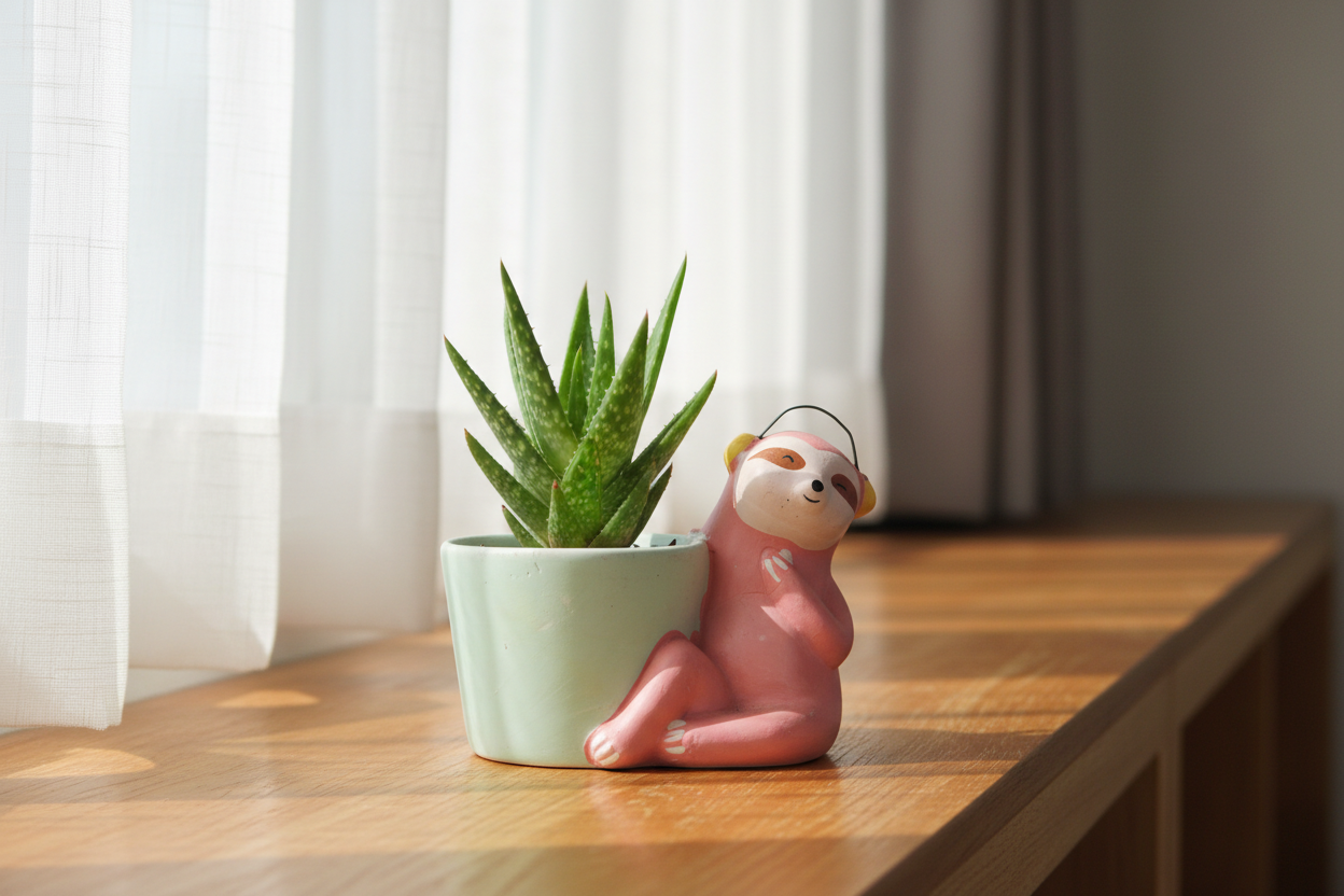A small pink sloth figurine wearing a yellow hat sits beside a pale blue-green planter on artificial green grass, with a wooden surface below and a plain light gray wall behind.