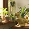 A small olive-green dinosaur figurine standing on artificial green grass against a plain white wall.