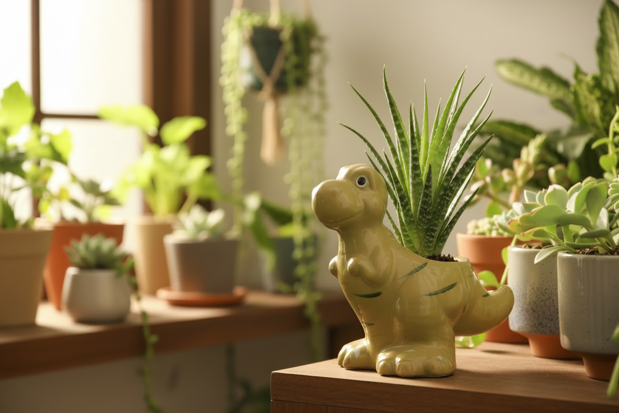 A small olive-green dinosaur figurine standing on artificial green grass against a plain white wall.
