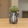A dark gray elephant-shaped container or planter sitting on a strip of green artificial grass, with a plain off-white wall behind it.