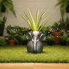 A dark gray elephant-shaped container or planter sitting on a strip of green artificial grass, with a plain off-white wall behind it.