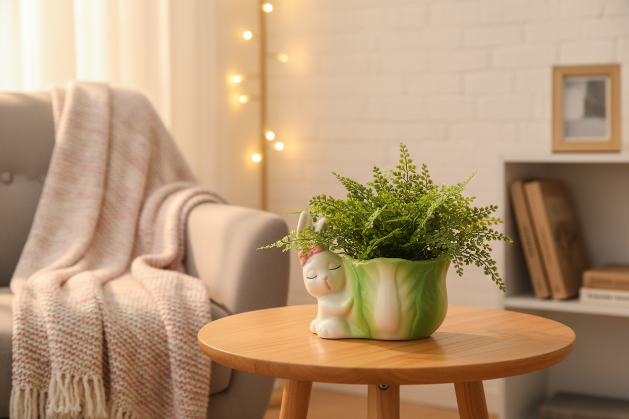 A ceramic bunny planter shaped like a sleeping white bunny wrapped in green leaves, with a small pink bow on its ear, placed on artificial grass against a plain light background.