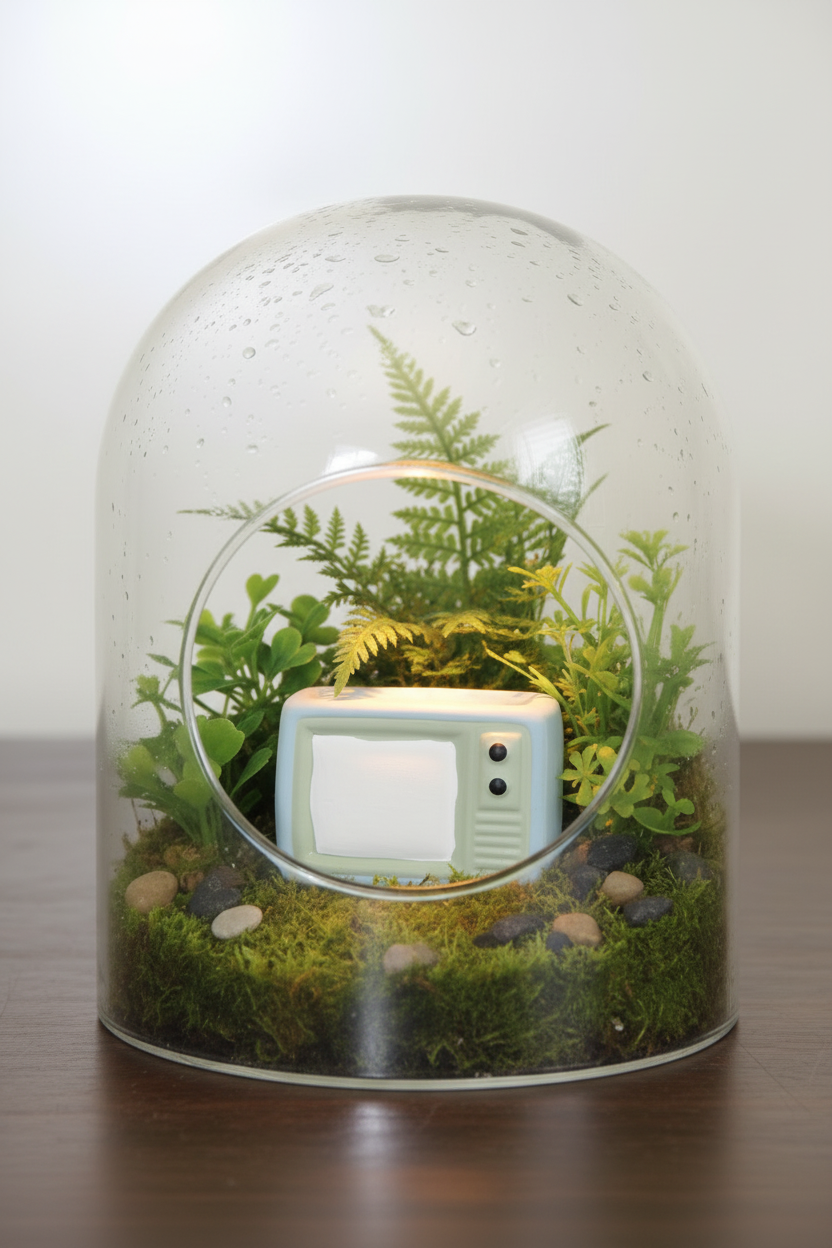 A miniature light blue toy television set with a blank white screen, placed on a strip of green artificial grass above a wooden surface against a plain off-white wall.