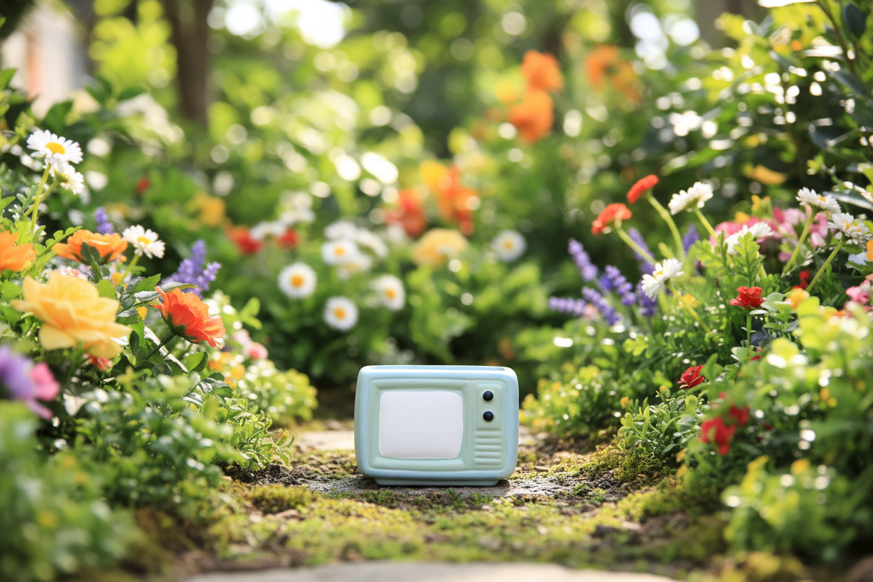 A miniature light blue toy television set with a blank white screen, placed on a strip of green artificial grass above a wooden surface against a plain off-white wall.