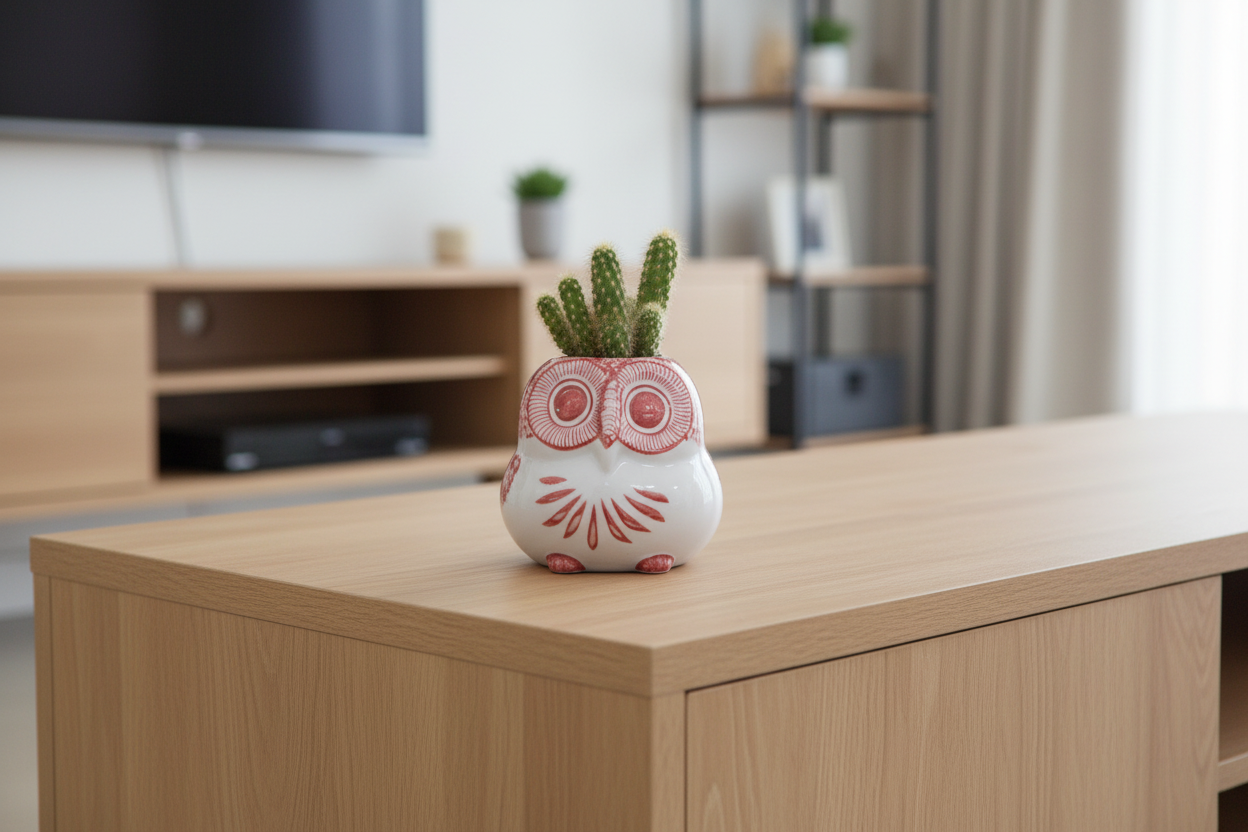 A small owl-shaped ceramic figurine with red and white patterns, sitting on a strip of green artificial grass above a wooden surface against a plain light gray background.