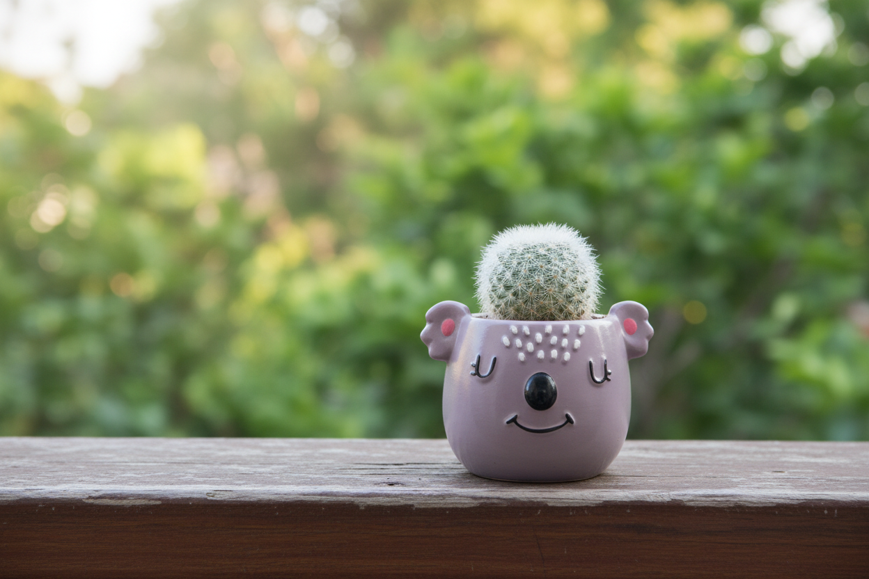 A small purple koala-shaped decorative object with pink ears and a black nose, standing on green artificial grass against a plain light gray background.