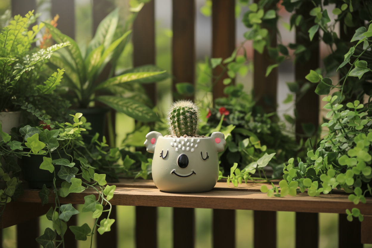 A small ceramic koala head planter in a pale sage green color, featuring a smiling face and pink inner ears, placed on a strip of green artificial grass above a wooden surface.