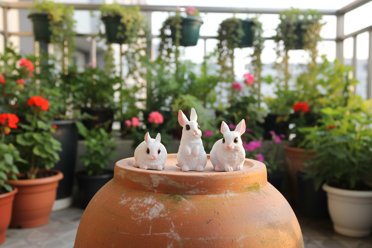Three small white rabbit figurines with pink inner ears and black eyes, arranged on a strip of green artificial grass against a plain light background.