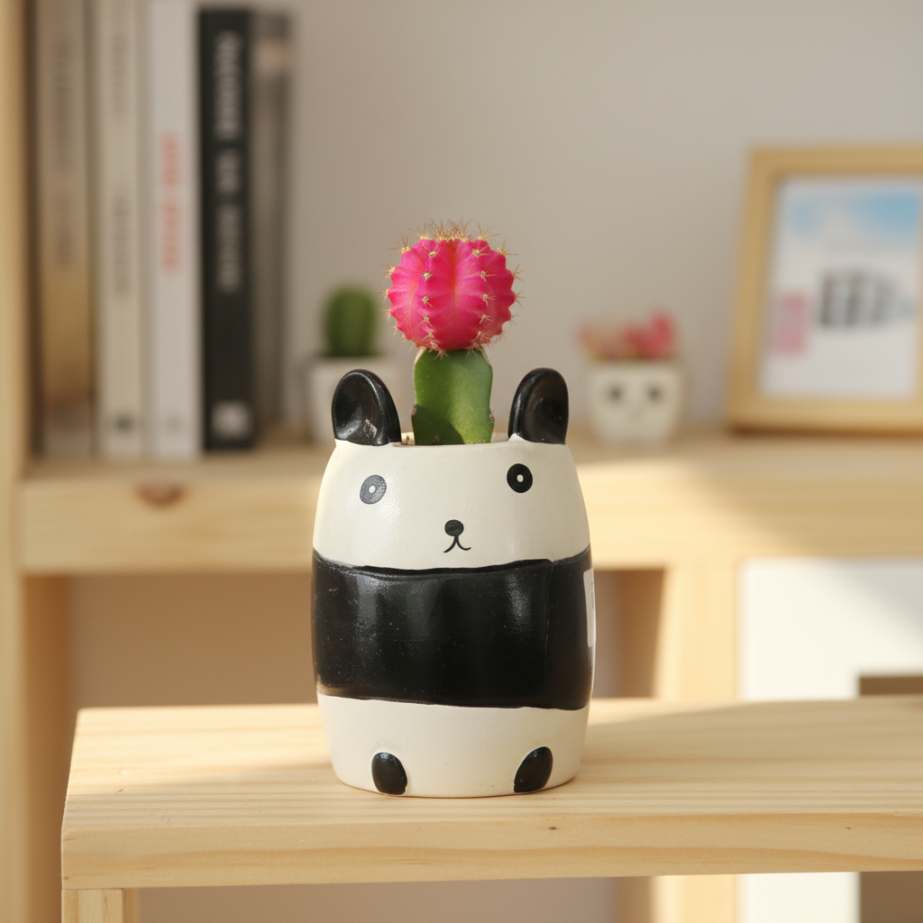A small ceramic panda-shaped container or planter with a black and white body, standing on artificial green grass against a plain light wall.