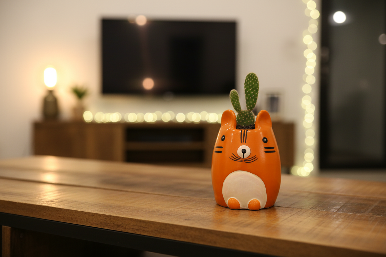 An orange and white ceramic cat-shaped container or planter, styled sitting on a strip of green artificial grass against a plain light gray wall.