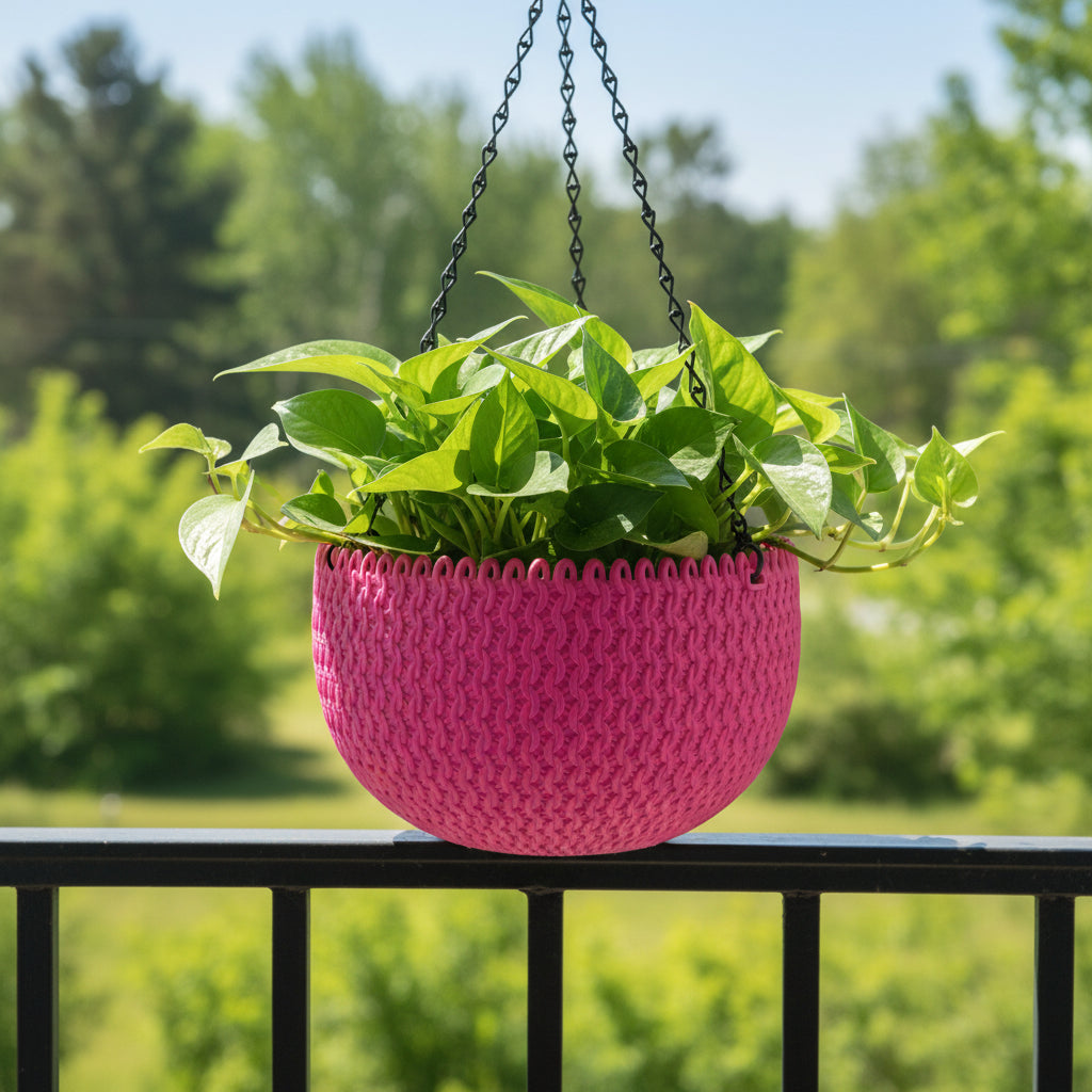 A bright pink woven basket with a scalloped rim and small black hanging loops, displayed on a wooden stool against a plain light background.