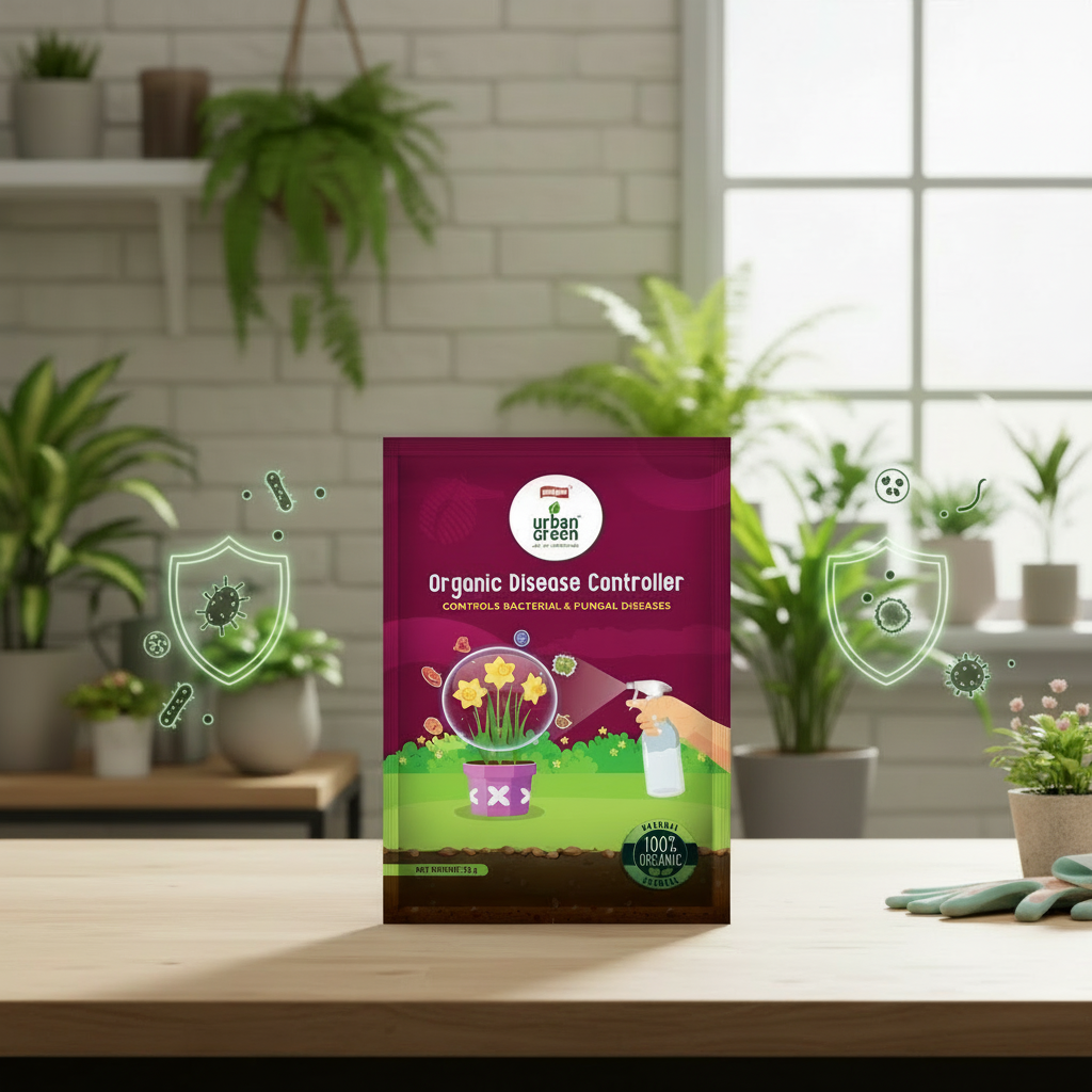 Urban Green Organic Disease Controller packaging with a purple background and garden illustration.