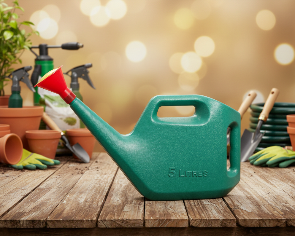 Green watering can with red handle on a wooden table with gardening tools and plants in the background.