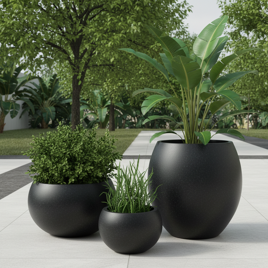 FRP Round Belly Pot – Black