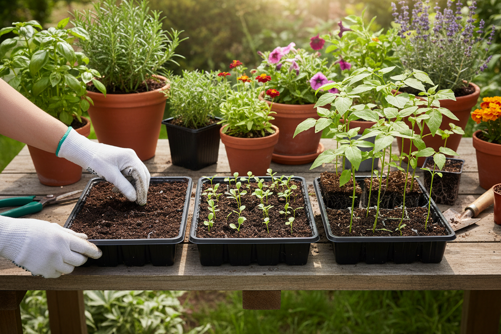 Garden scene with potted plants, soil, and gardening tools on a table.