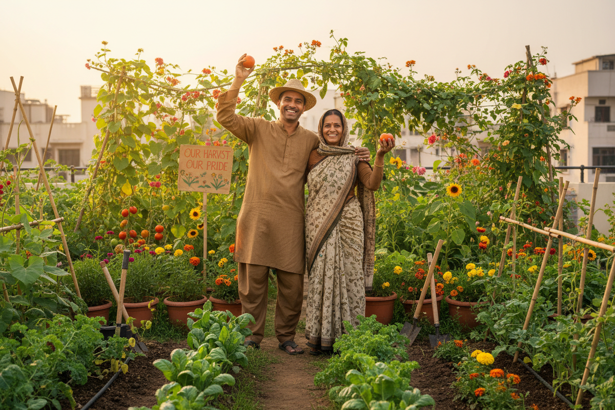 Show succssesfull 2 happy indian gardeners standing in garden of showing success story